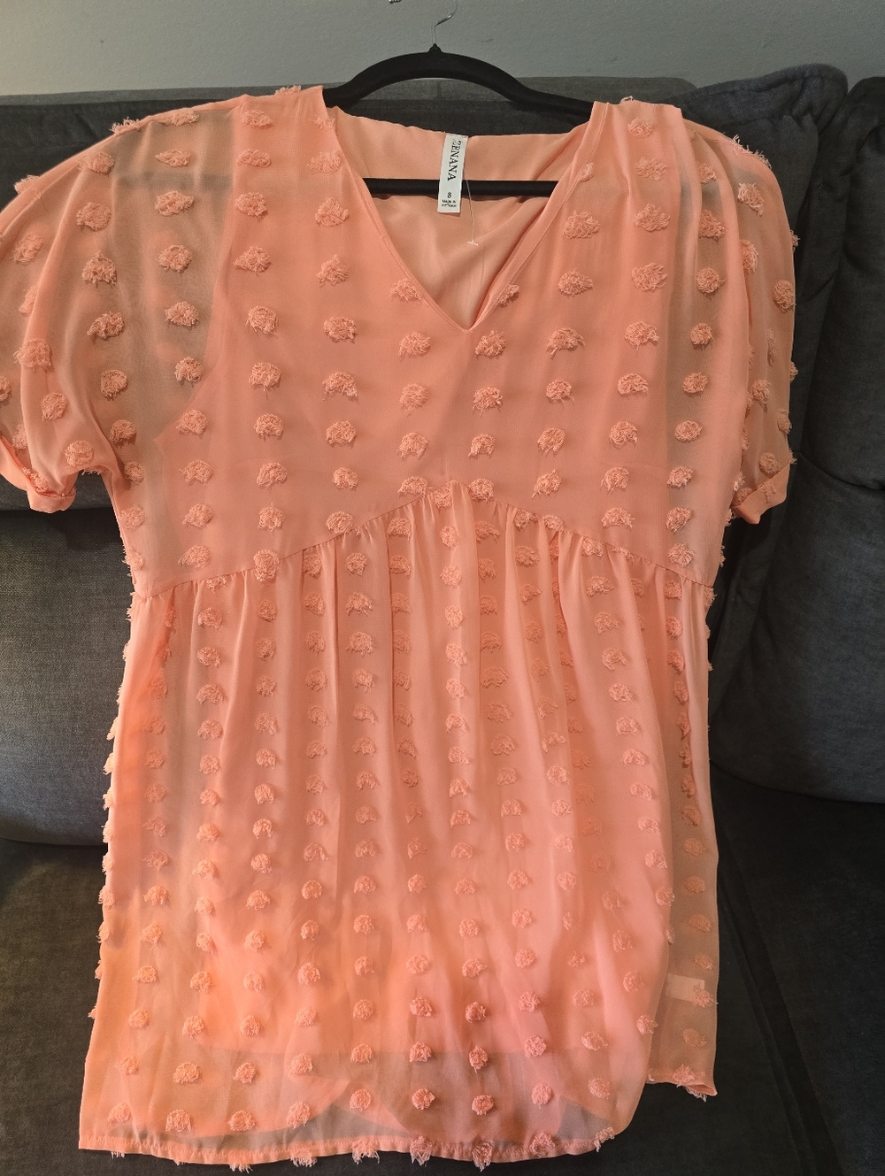 Zenana Peach Textured Pom-Pom V-Neck Blouse